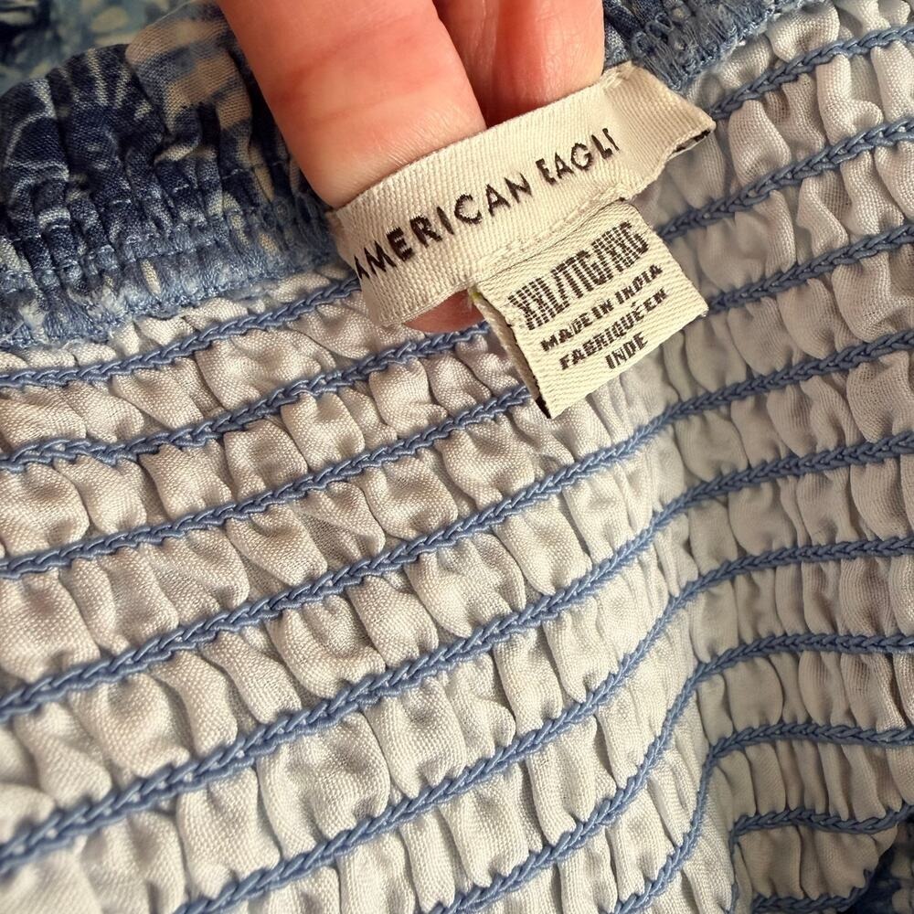 American Eagle Outfitters Tank Top XXL Blue Tropical Print Smocked Cropped - Picture 6 of 9
